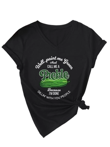 Detail of V-neck cotton T-shirt featuring a funny green pickle print and a stylish side knot