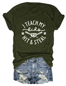 Flat lay of olive green graphic T-shirt with 'I Teach My Kids' print and ripped denim shorts