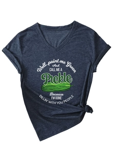 Detail of V-neck grey tee with green pickle print and stylish front knot design