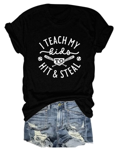 Flat lay of black round neck T-shirt with baseball print and ripped denim shorts