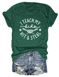 Flat lay of green 'I Teach My Kids To Hit & Steal' baseball T-shirt and denim shorts