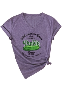 Detail of V-neck purple heather T-shirt featuring green pickle graphic and slogan