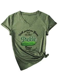 Detail showing the knotted hem and olive green fabric of the women's V-neck pickle t-shirt