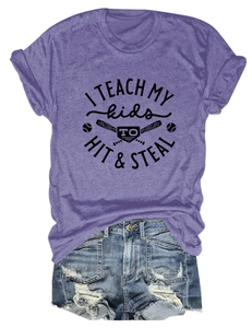 Flat lay of purple heather T-shirt with baseball print and distressed denim shorts