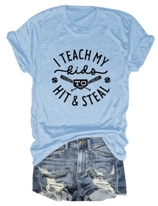 Detail view of light blue cotton T-shirt featuring baseball print and denim shorts outfit