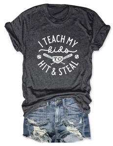 Detail of grey crewneck T-shirt with baseball graphic and distressed denim shorts