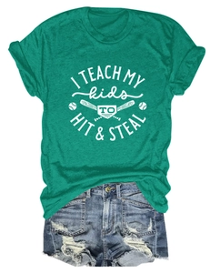 Detail of dark green t-shirt with baseball graphic and distressed denim shorts