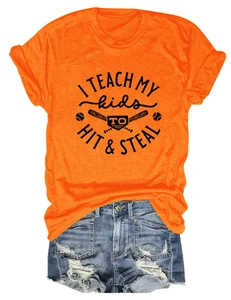 Flat lay of an orange cotton T-shirt with baseball graphic and denim shorts set