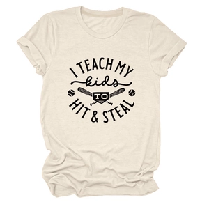 Close-up of baseball theme print on beige crew neck t-shirt with sports graphics