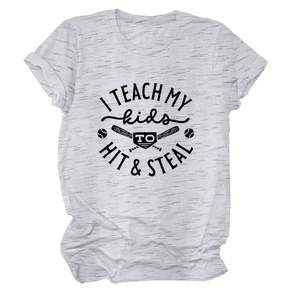 Detail of Heather Grey round neck T-shirt with baseball themed graphic and funny text