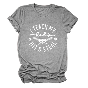 Detailed close-up of grey baseball graphic t-shirt with I Teach My Kids slogan text