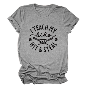Detail of heather grey cotton T-shirt featuring baseball graphic and athletic typography