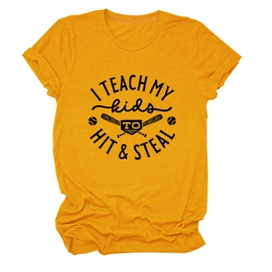 Detail of orange cotton T-shirt with vintage black baseball graphic and humorous text