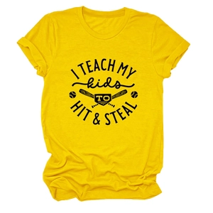 Detail of screen-printed baseball graphic on yellow cotton crew neck t-shirt fabric