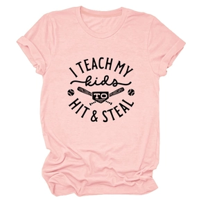 Detail view of pink baseball t-shirt with black 'I TEACH MY kids' graphic print