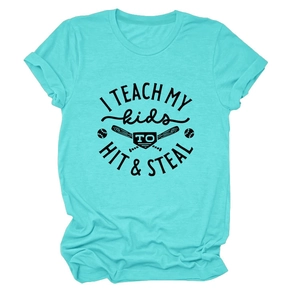 Close-up of turquoise cotton T-shirt featuring black baseball slogan and sports graphics