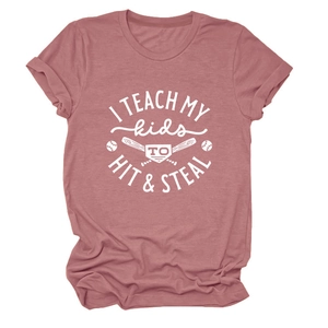 Detailed flat lay of dust pink cotton t-shirt with white baseball slogan print