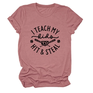 Detail of rolled sleeves and baseball print on a pink round neck t-shirt for women