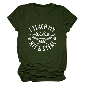Detail of dark green cotton T-shirt featuring baseball print and rolled sleeve cuffs