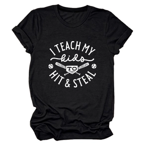 Detail of black cotton T-shirt featuring white baseball graphic and themed typography