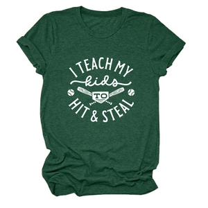 Detail of baseball graphic print on a dark green crewneck cotton athletic t-shirt