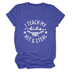 Detailed flat lay of heather blue t-shirt with baseball themed graphic print and text