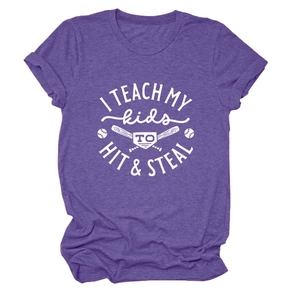 Detail of purple cotton blend T-shirt with white I TEACH MY KIDS baseball print graphic