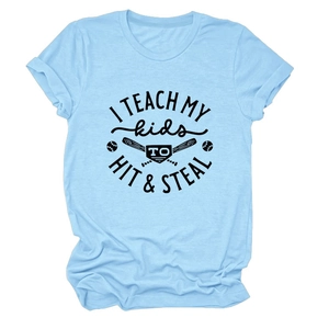 Detail of light blue baseball t-shirt with I Teach My Kids to Hit and Steal print