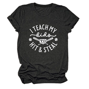 Detail of the high-quality baseball graphic print on a soft grey cotton t-shirt