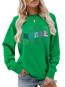 Detail view of the ribbed cuffs and vintage nurse typography on this green sweatshirt