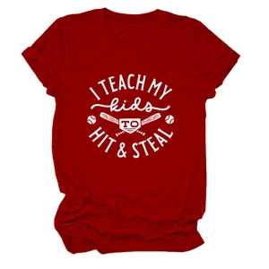 Detail of baseball graphic print on deep red cotton crew neck athletic t-shirt for women