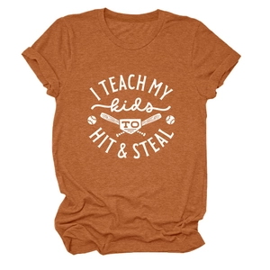 Close-up of burnt orange cotton blend t-shirt with baseball graphic print and soft texture