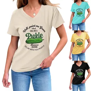 Women's V Neck Short Sleeve T-Shirt Funny Pickle Print Quote Cotton Blend Casual Loose Summer Graphic Tee Top