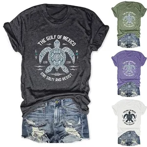 T-Shirt D'été Pour Femmes Mélange De Coton Col Rond Rétro Tortue De Mer Imprimé Tribal Graphique Haut De Plage Casual