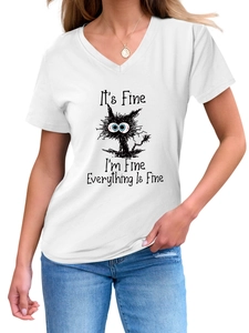 Detail of V-neck white cotton t-shirt featuring a funny cat illustration and text print