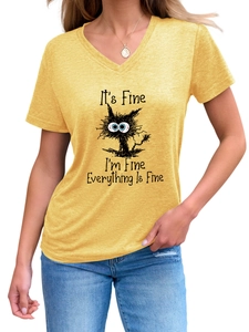 Detailed V-neck view of yellow t-shirt featuring funny cat and it's fine quote print