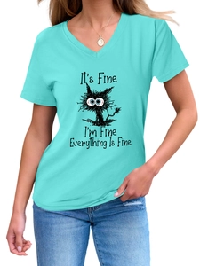 Detail of teal V-neck T-shirt showing cartoon cat print and slogan It's Fine I'm Fine