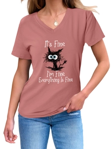 Detail of V-neck pink t-shirt featuring a humorous cat graphic and its fine slogan
