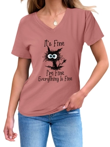 Detail of V-neck cotton T-shirt featuring funny cat graphic and everything is fine text