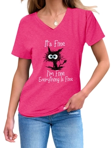 Detail of V-neck cotton T-shirt featuring a cartoon cat print and humorous slogan text