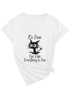 Detail of white V-neck T-shirt showing cartoon cat print and bottom knot style