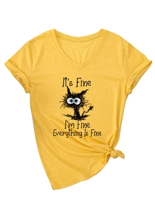 Detail of V-neck yellow cotton T-shirt featuring funny cartoon cat print and front knot