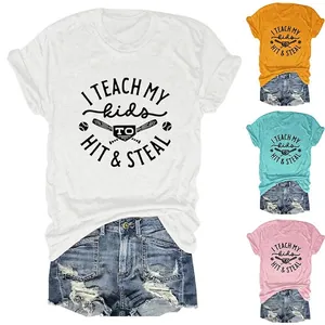 Women T-Shirt Cotton Blend Short Sleeve Round Neck Loose Casual Summer Baseball Print Humorous Slogan Retro Style