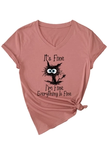 Detail of V-neck t-shirt in dusty pink featuring a funny black cat graphic and text