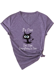 Close-up of heathered purple V-neck T-shirt showing knotted hem and humorous cat print