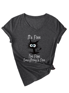 Detail of V-neck grey t-shirt showing black cat graphic and front hem knot design