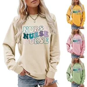 Women Round Neck Sweatshirt Cotton Blend Nurse Letter Print Casual Long Sleeve Vintage Graphic Pullover Top