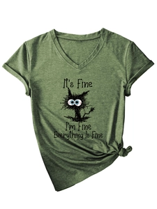 Close-up of V-neck T-shirt with cat graphic and 'It's Fine' slogan in olive green