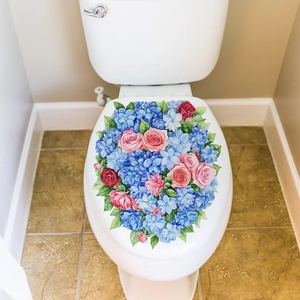 Floral self-adhesive toilet seat wall sticker with colorful roses and blue hydrangeas