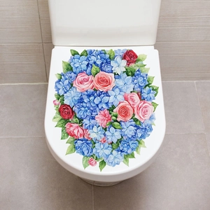 Waterproof floral toilet seat sticker featuring watercolor pink roses and blue hydrangeas